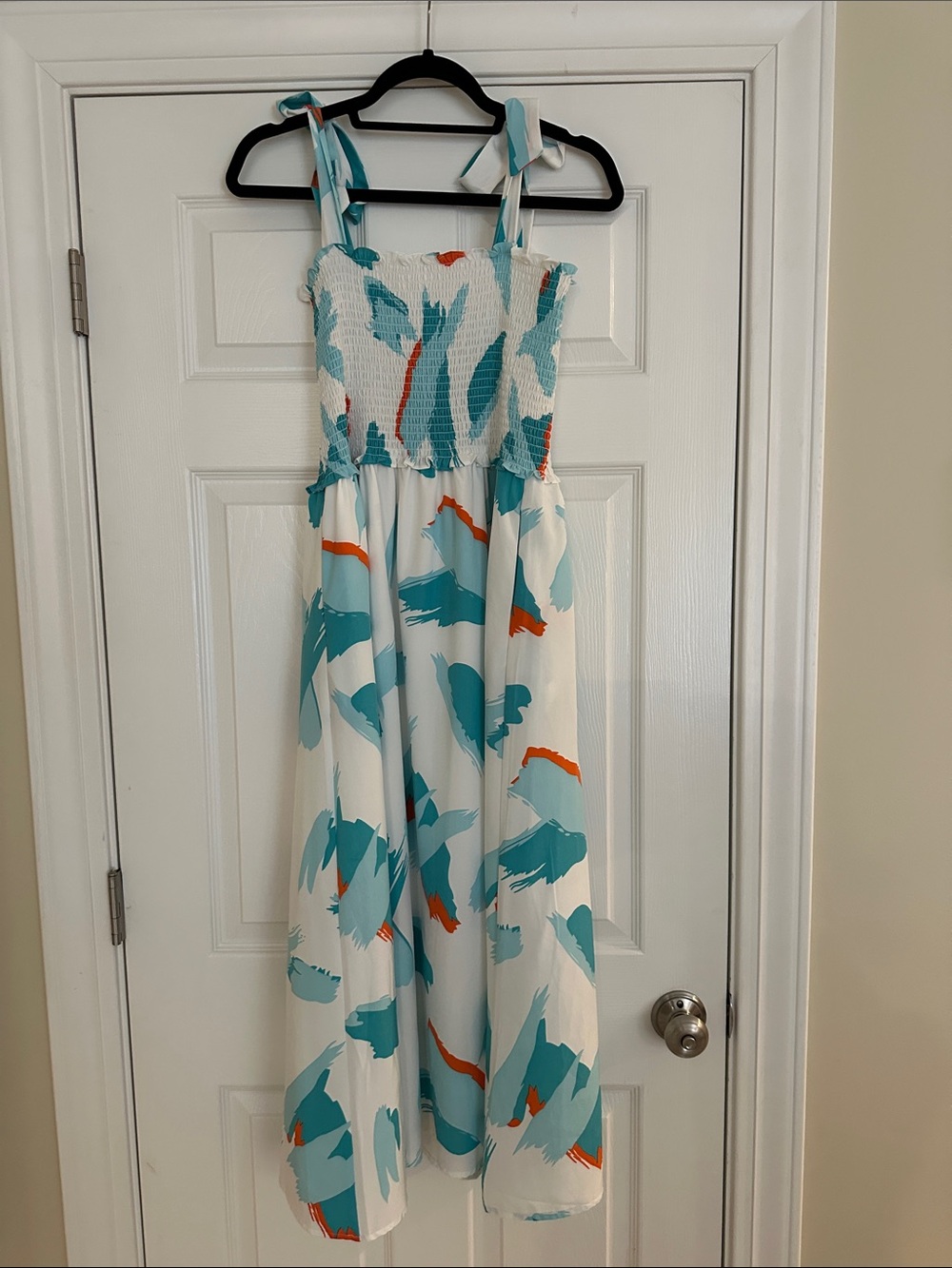 THML White Maxi Dress with Teal & Orange Abstract Print